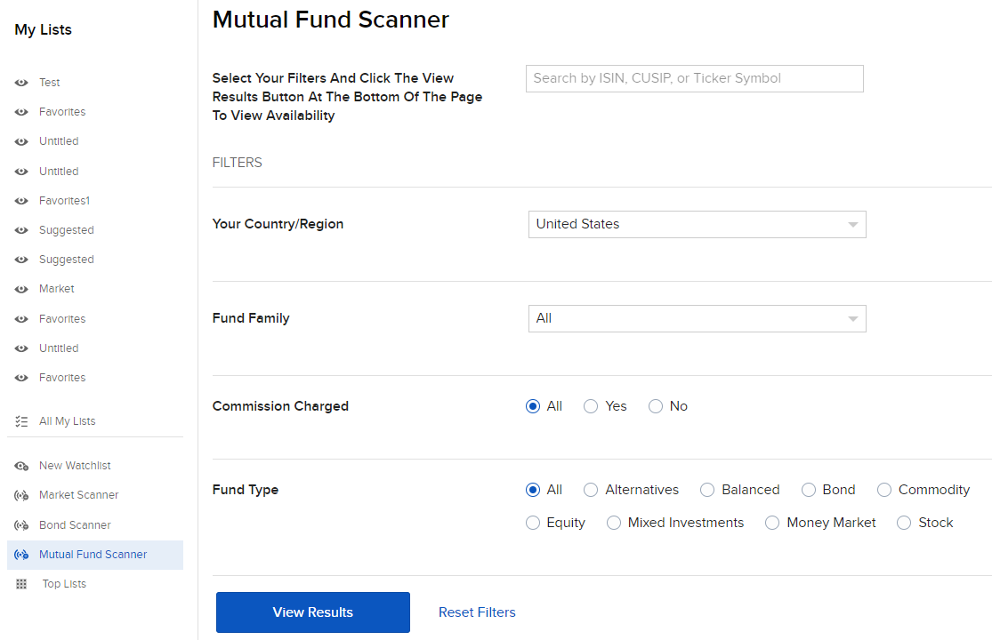 Image of the mutual fund scanner in Portal. 