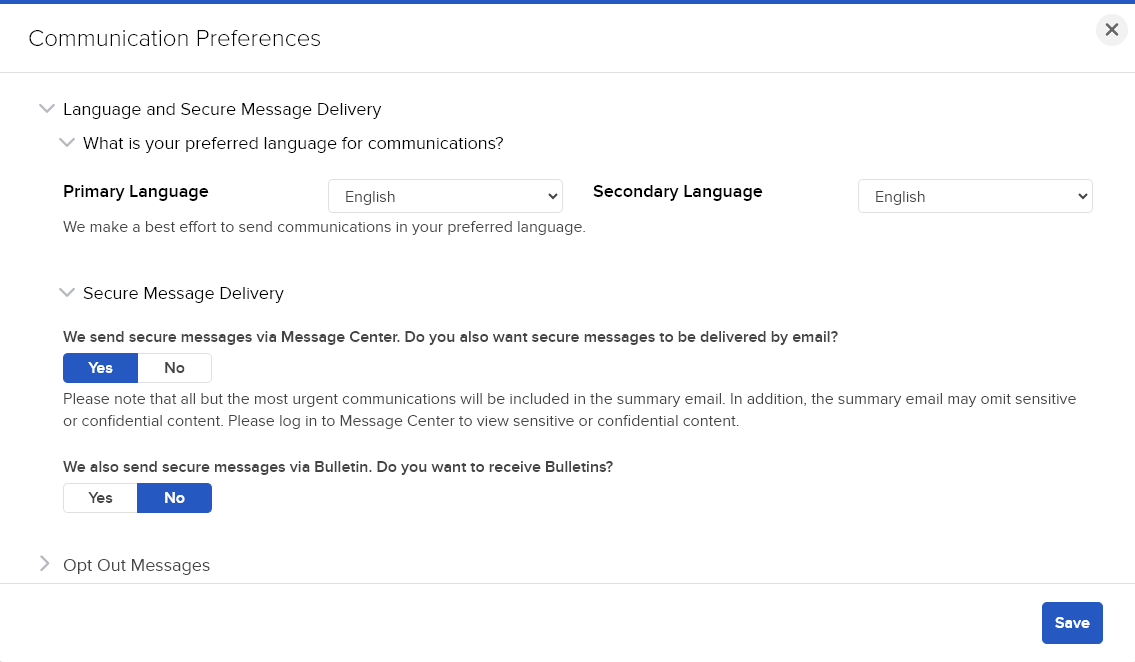 Image of the communication preferences in Portal. 