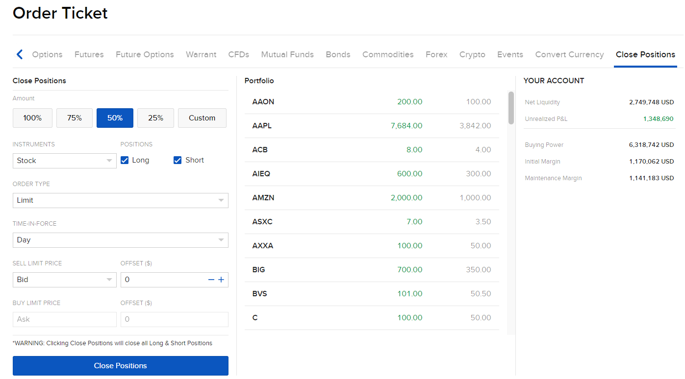 Image displays the close positions menu in Portal. 