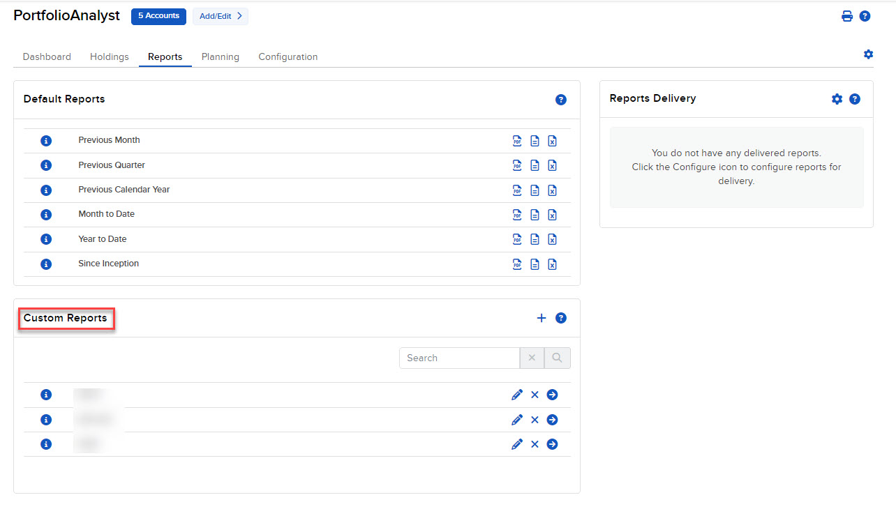 Image of the PortfolioAnalyst custom reports panel. 