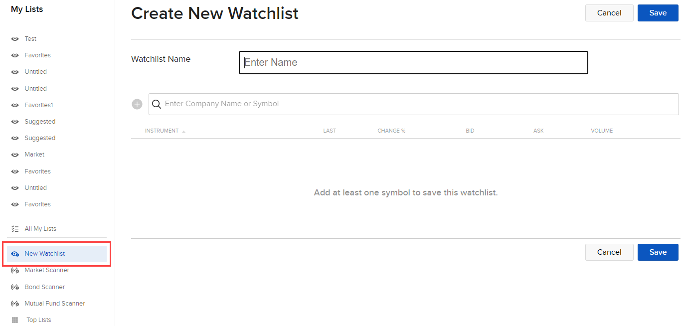 Image of the create a new watchlist panel in Portal. 