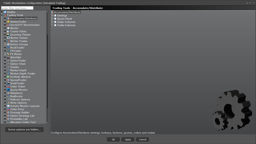 The TWS configuration trading tools accumulate/distribute menu. 