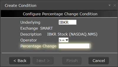 The create condition configure percentage change condition in TWS. 