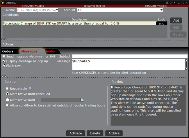 The percentage change condition preview box in TWS. 