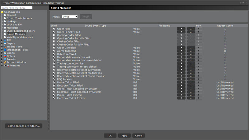 The TWS configuration sound manager in TWS. 