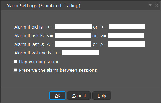 The alarm settings window in TWS