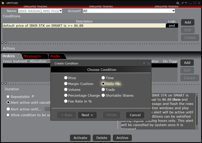 The configure price condition daily P&L in TWS. 