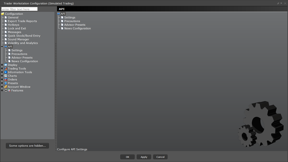 The TWS configuration API menu. 