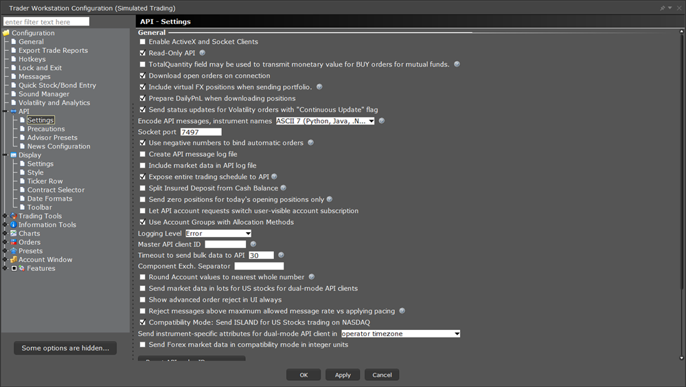 The TWS configuration API settings menu. 