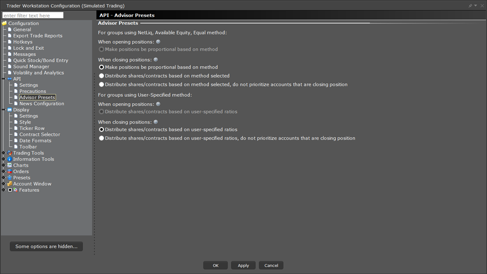 The TWS congiguration API advisor presets menu. 
