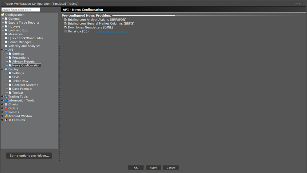 The TWS configuration API news configuration menu. 