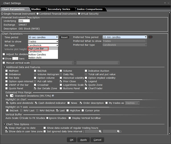 The chart settings bar chart menu in TWS. 