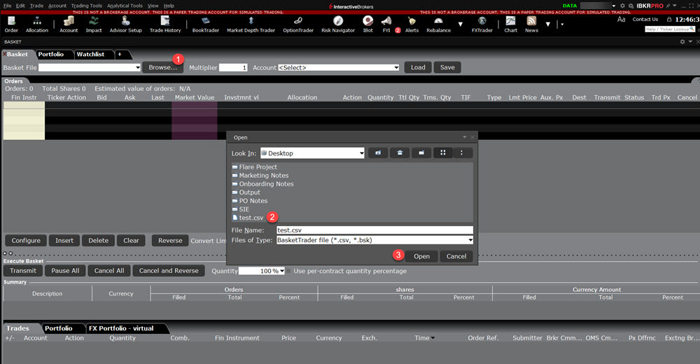 The Upload a File to BasketTrader in TWS. 