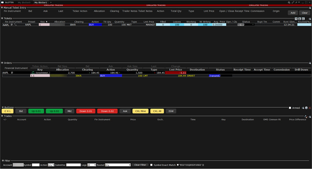 The blotter interface in TWS. 