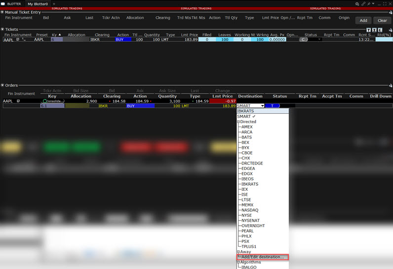 The orders panel destination field drop-down in TWS. 