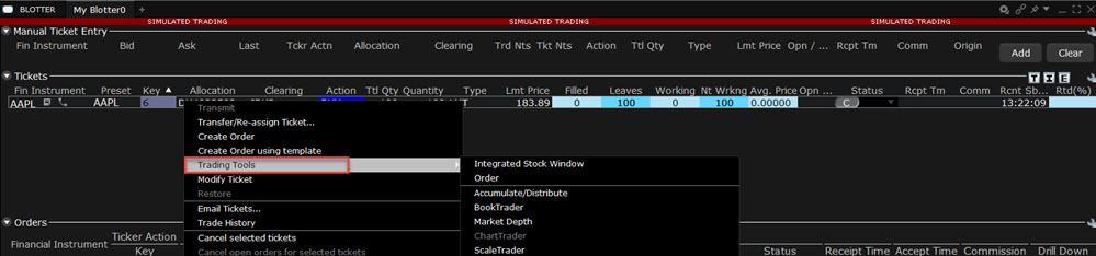 The manage algos on blotter ticket in TWS. 