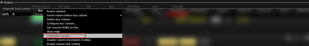 The orders panel customize layout menu in TWS