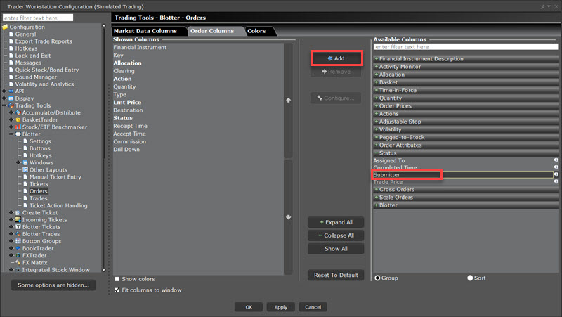 The order columns tab add button in TWS. 