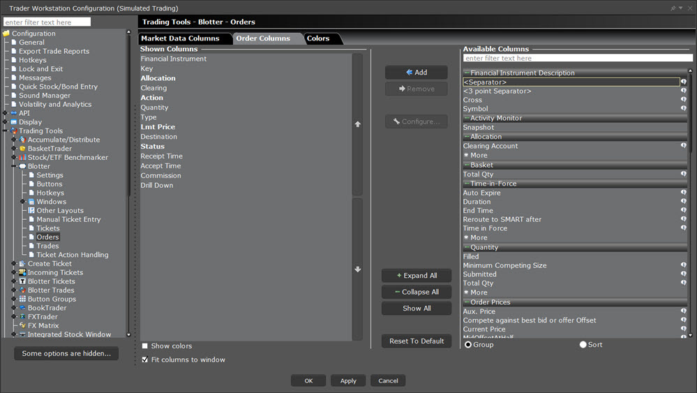 Show or Hide Blotter Columns in TWS Configuration. 