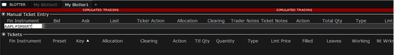 The TWS blotter ticket using symbol entry 
