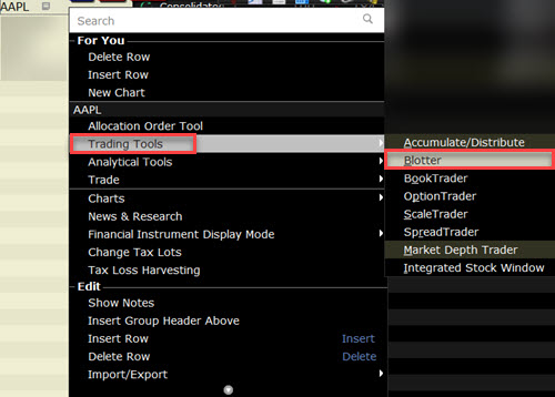 Creating a manual ticket entry from the right-click menu in TWS. 