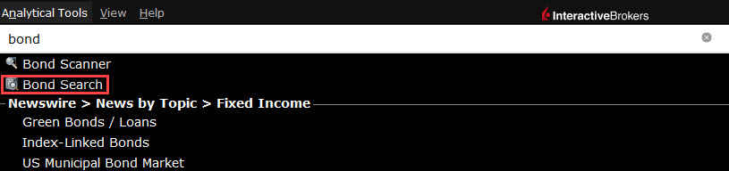 The Bond Search Tool menu in TWS. 