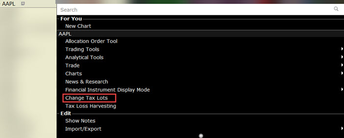The change tax lots menu in TWS.