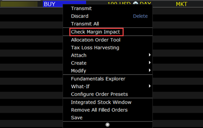 The check margin impact menu in TWS. 