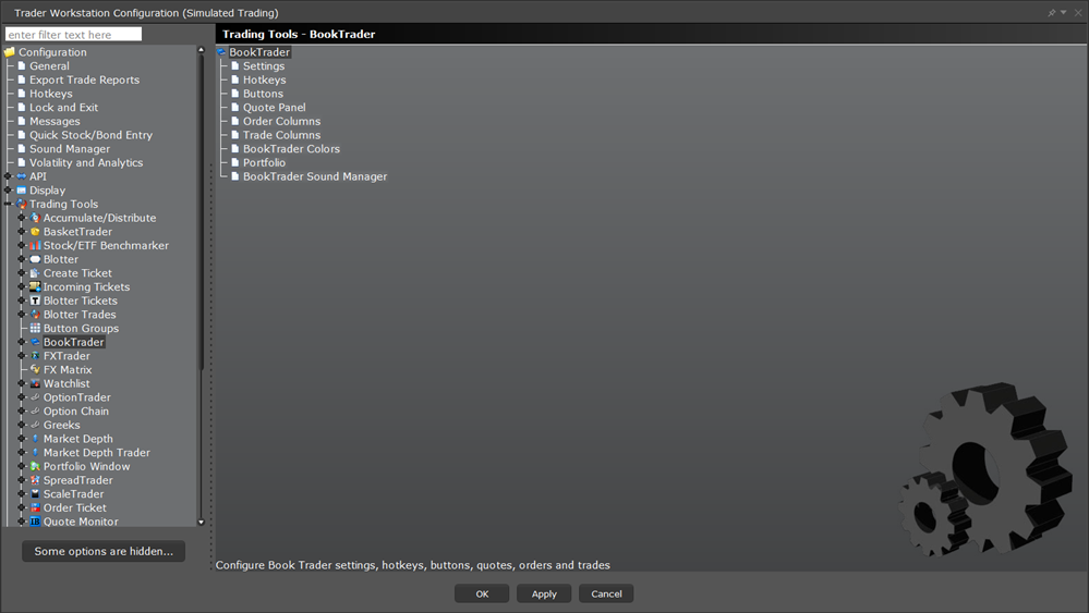 The TWS configuration trading tools  BookTrader menu. 