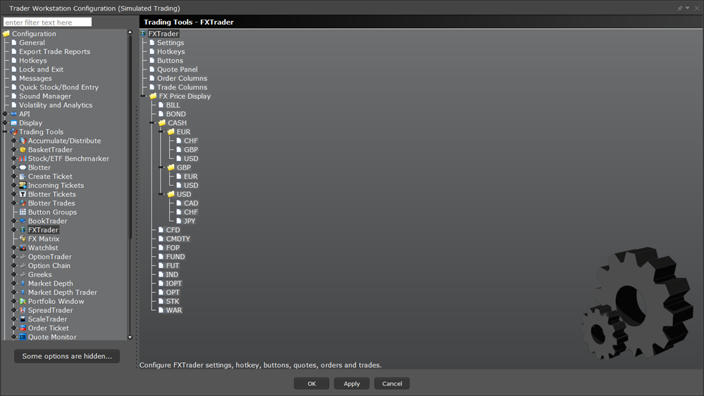 The TWS configuration trading tools FXTrader menu. 