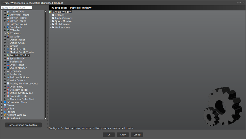 The TWS configuration trading tools portfolio window menu. 