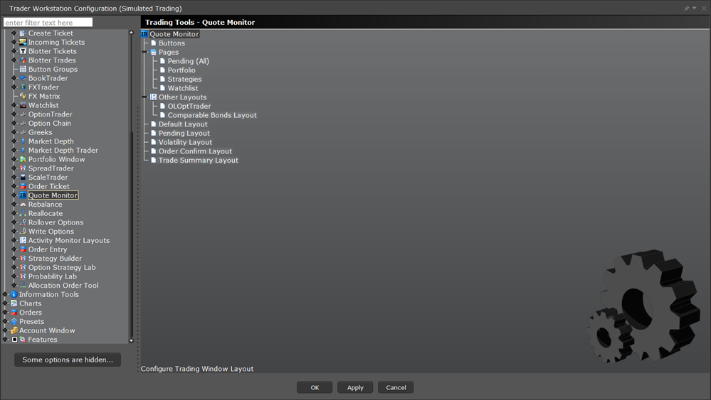 The TWS configuration trading tools quote monitor menu. 