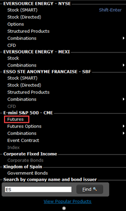 The continuous futures menu in TWS. 