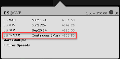 The continuous futures selector in TWS. 