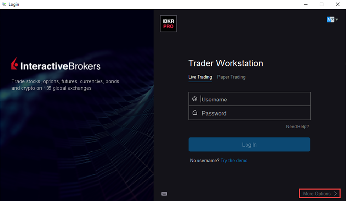 The TWS login more options menu. 