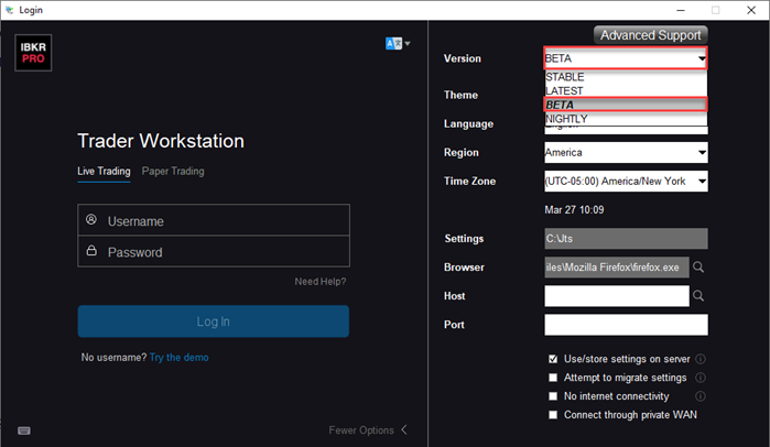 The TWS login advanced support menu BETA. 