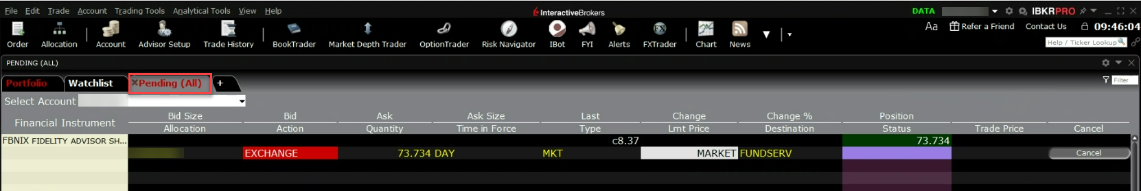 The portfolio page status column pending (all)  in TWS. 