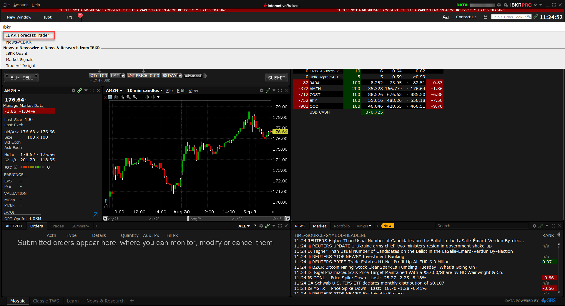 The IBKR ForecastTrader menu in TWS. 