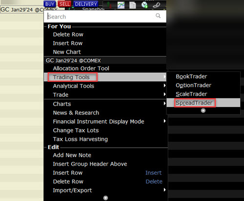 The SpreadTrader for Futures menu in TWS. 