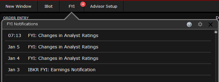 The FYI notification window in TWS. 