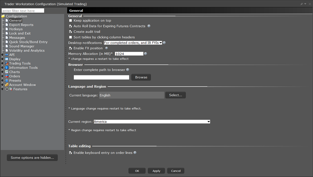 The TWS general configuration window. 