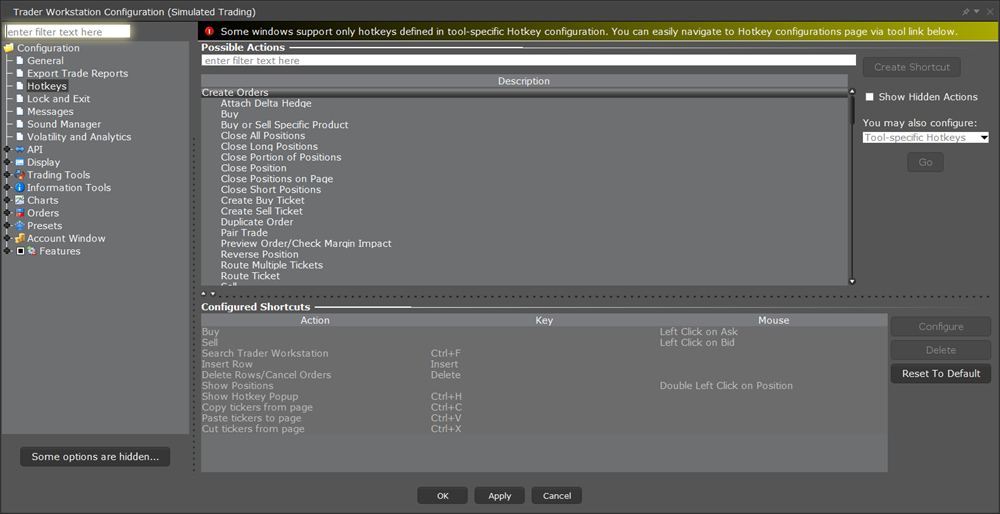 The TWS configuration hot keys menu. 