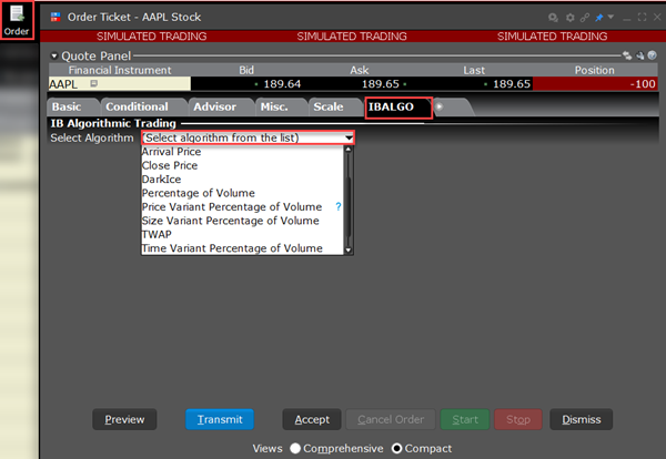 The Algorithmic Trading menu in classic TWS. 