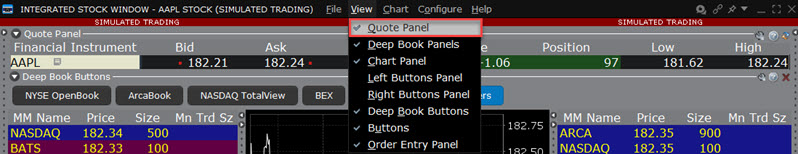 The view menu in ISW quote panel in TWS. 