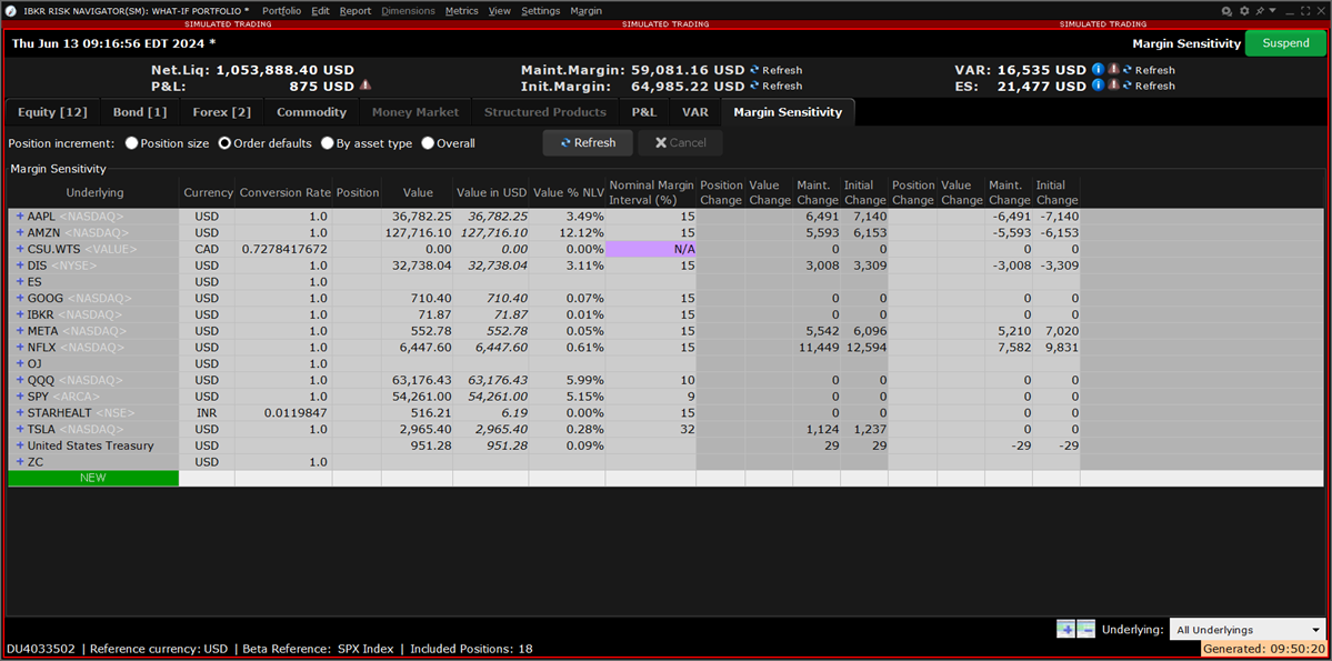 The margin sensitivity window in TWS. 