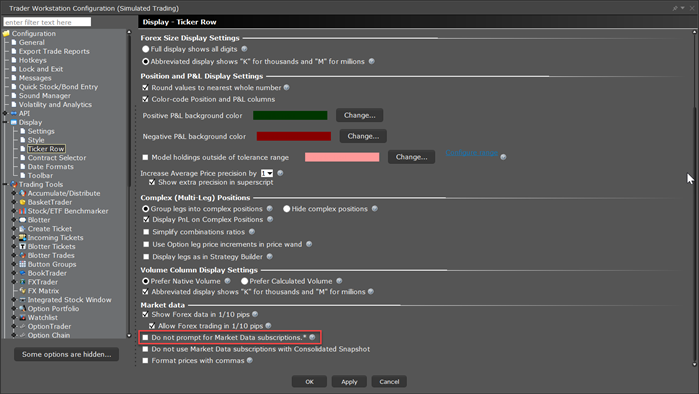 The TWS configuration hide market data button option. 