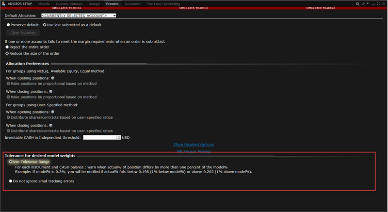 The Tolerance for Desired Model Weights section in TWS. 