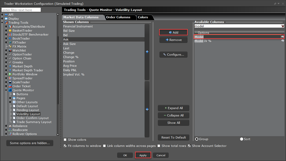 The model navigator configuration in TWS. 