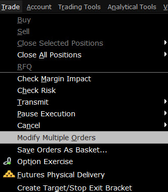 The modify multiple orders menu in TWS. 