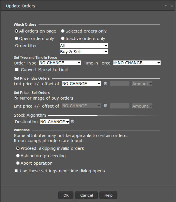 The update multiple orders parameters in TWS. 